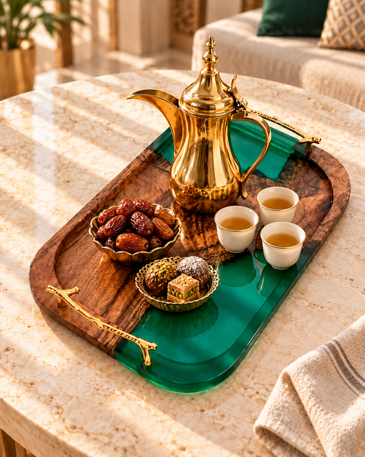 Emerald epoxy wood serving tray with a gold dallah, tea cups, dates and sweets