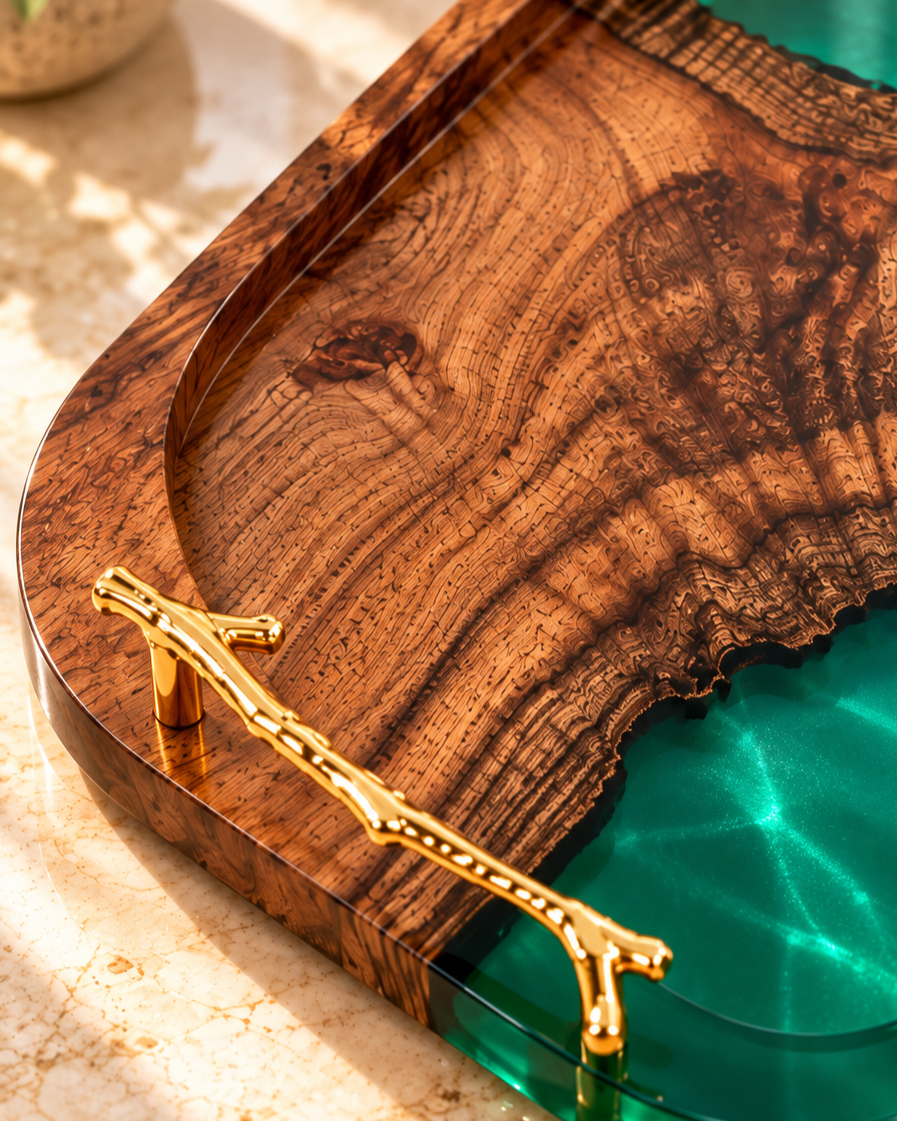 Close-up of natural wood grain, emerald epoxy resin and gold branch handle