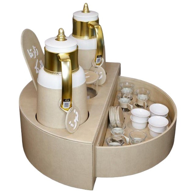 Rafeeva rotary leather tea and coffee set, beige, rotary stand open