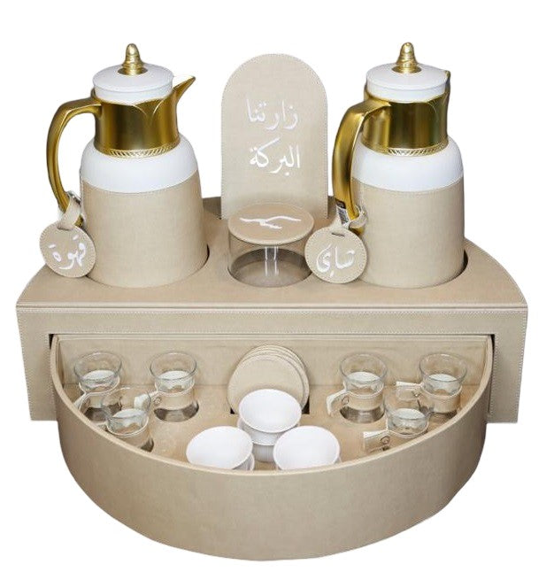 Rafeeva rotary leather tea and coffee set, 2 thermos flasks and 12 cups, beige