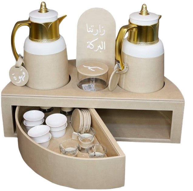 Rafeeva rotary leather tea and coffee set, beige, drawer open