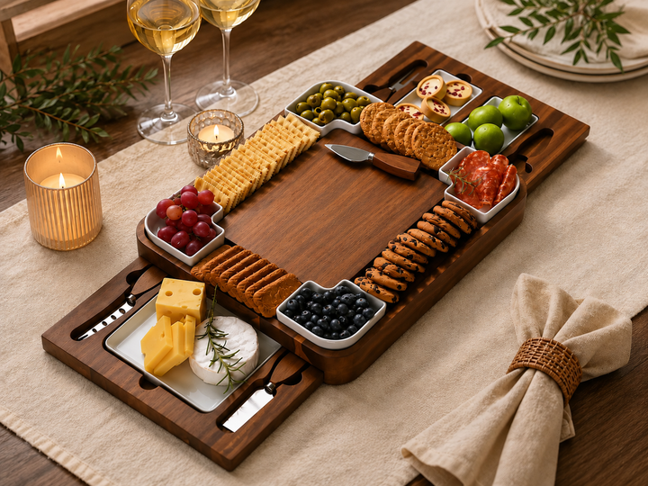 Rosewood serving and cheese board with hidden drawers and ceramic bowls