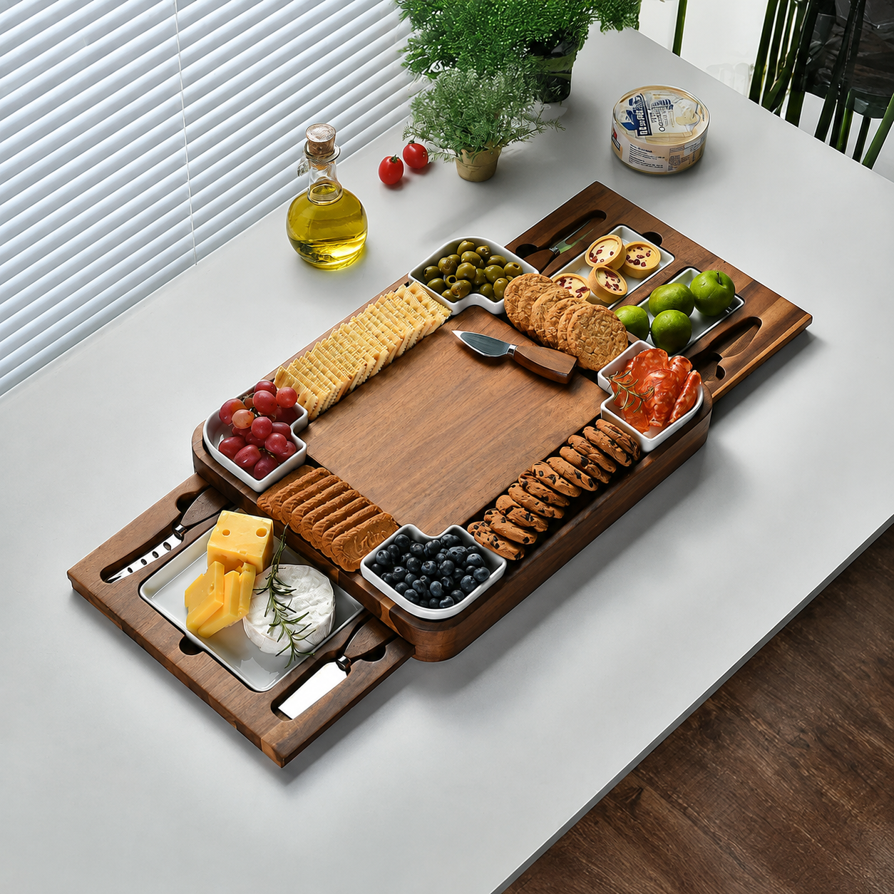 Rosewood cheese board with drawers open showing stainless steel cheese tools