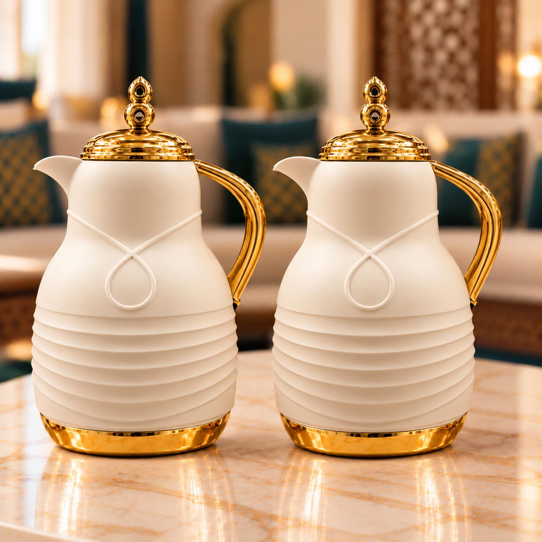 Kahwa & Tea Thermos Set – Ribbed Dallah Design, 2 Pieces 1L Each, Cream & Gold