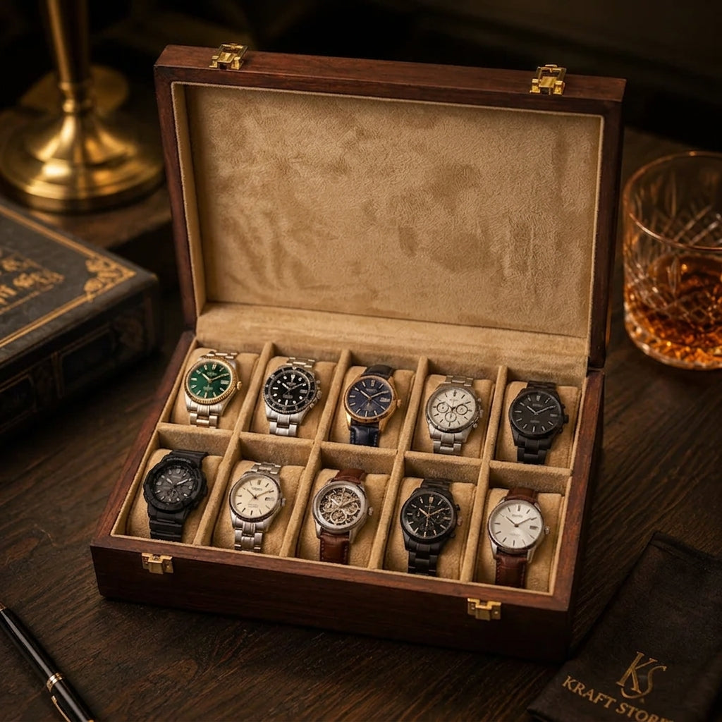 Rosewood watch box styled on a dresser