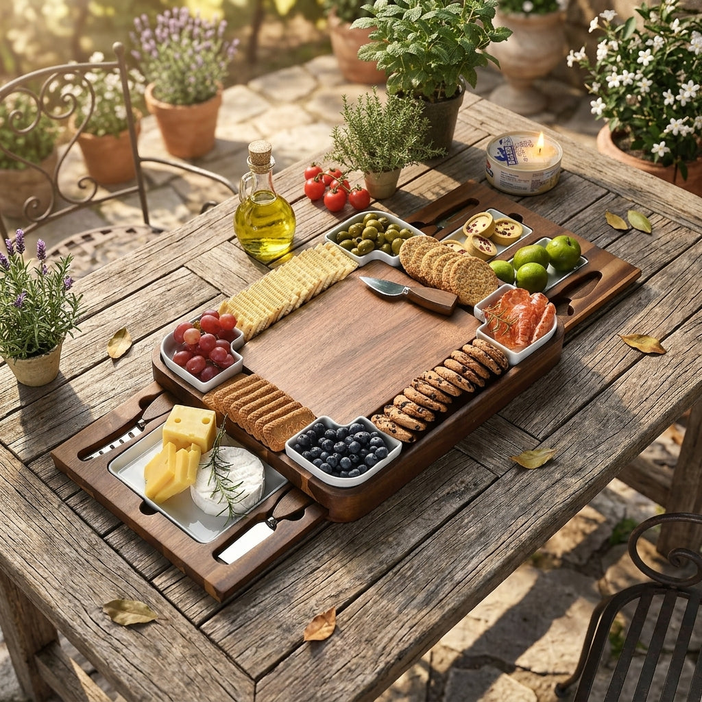 Rosewood cheese board styled with cheese and fruit for serving