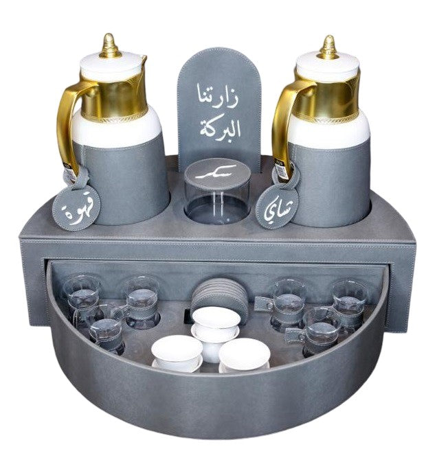 Rafeeva rotary leather tea and coffee set, 2 thermos flasks and 12 cups, grey