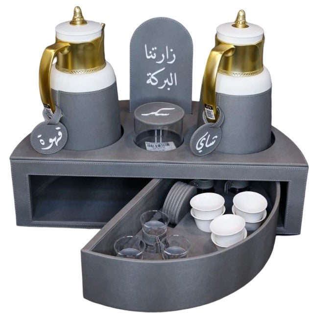 Rafeeva rotary leather tea and coffee set, grey, drawer open