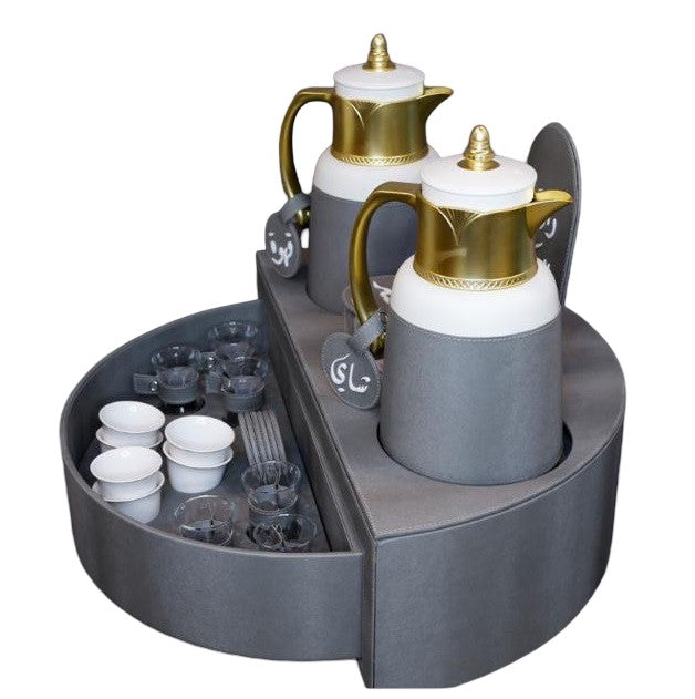Rafeeva rotary leather tea and coffee set, grey, rotary stand open