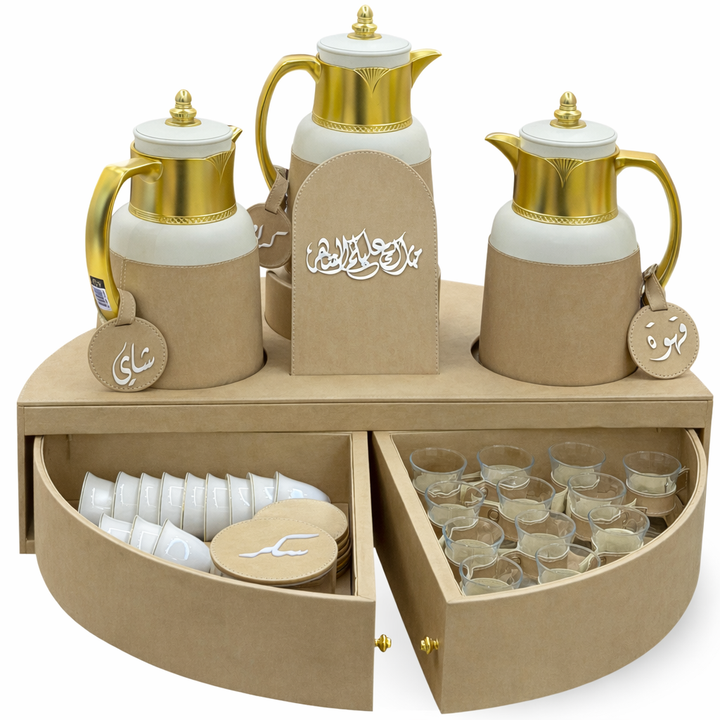 Rafeeva large rotary leather tea and coffee set, 3 thermos flasks and 24 cups, drawer open