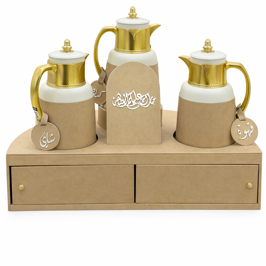 Rafeeva large rotary leather tea and coffee set, 3 thermos flasks (tea, coffee, karak) on a rotary stand