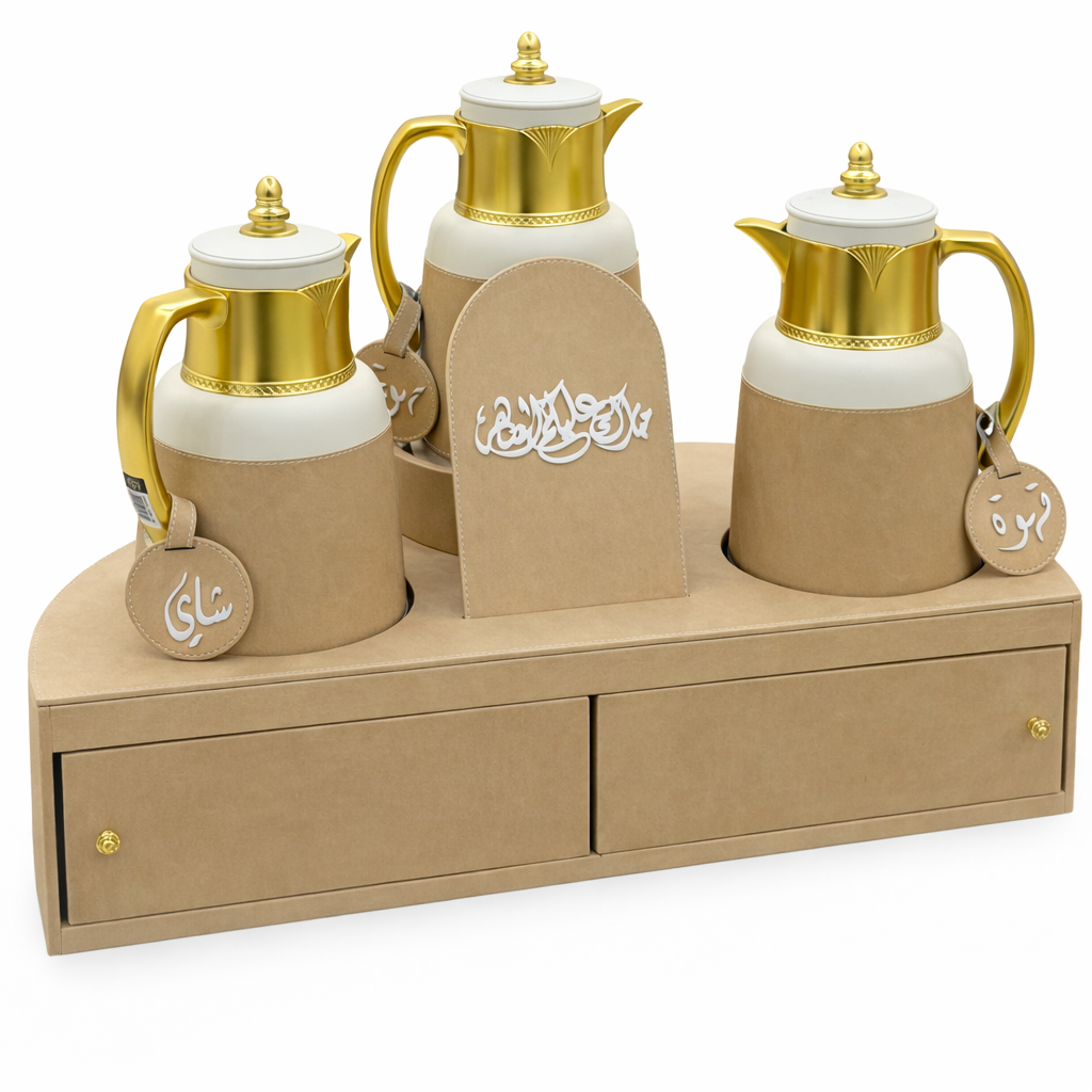 Rafeeva large rotary leather tea and coffee set, front view with two drawers