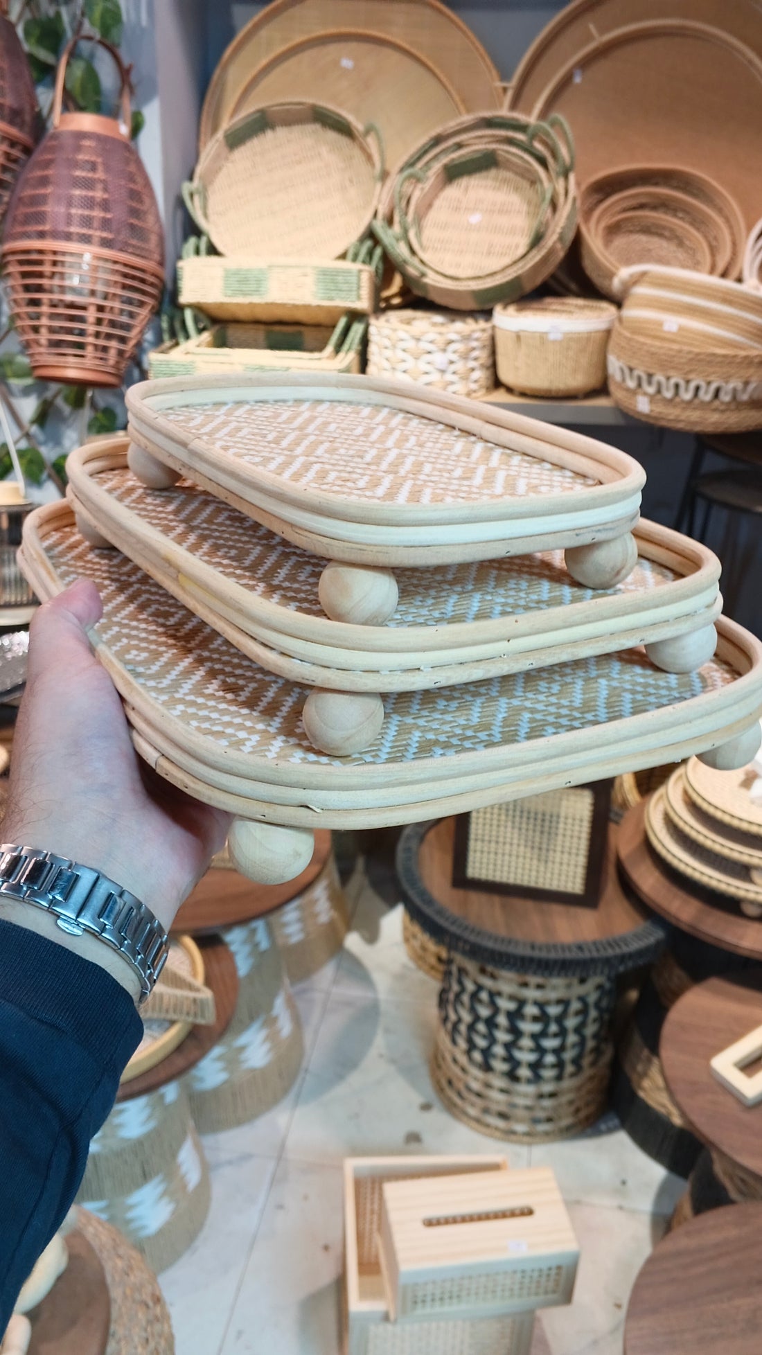Diyafa Handcrafted Footed Rattan Tray Set (Set of 3)
