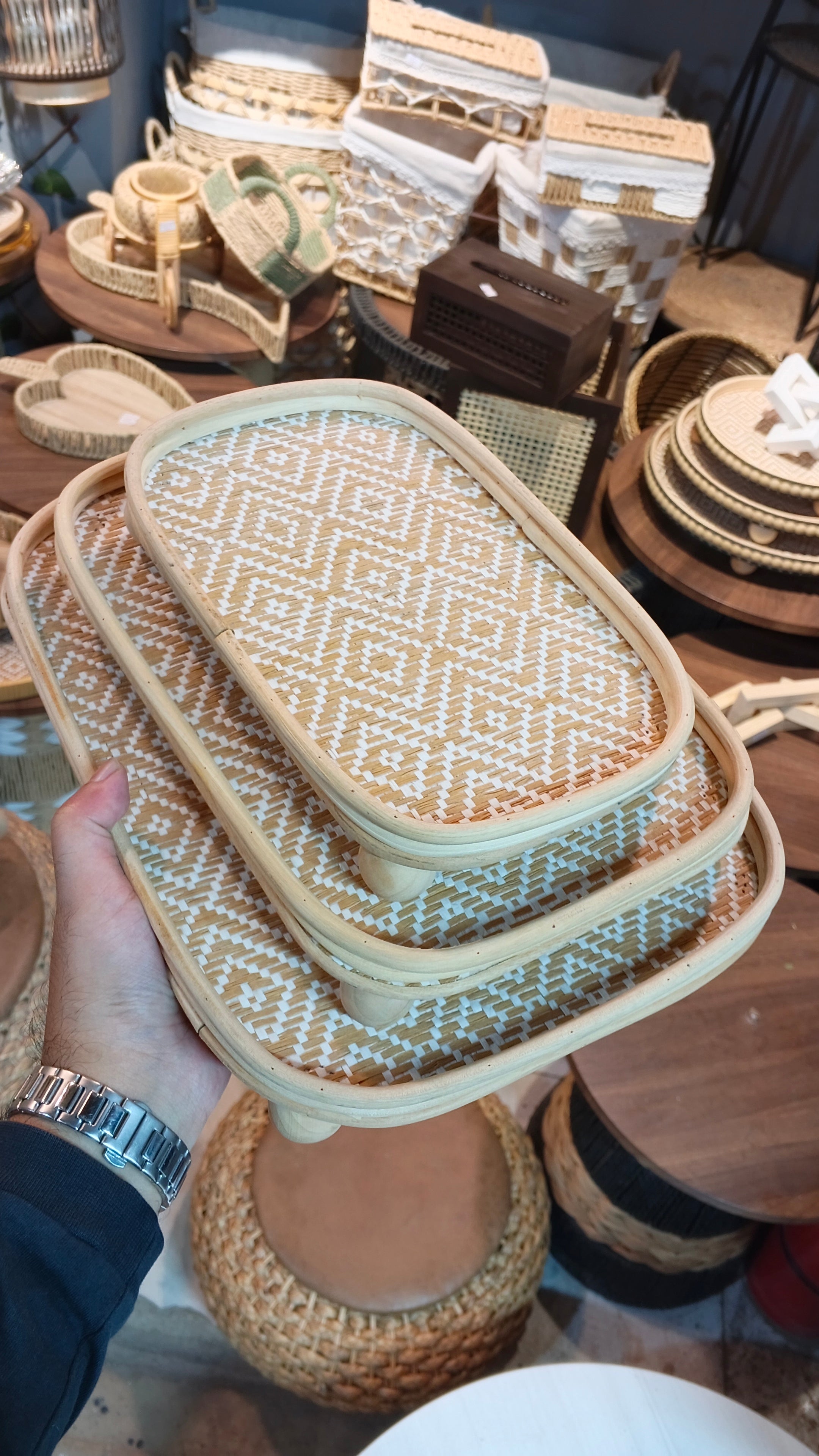 Diyafa Handcrafted Footed Rattan Tray Set (Set of 3)