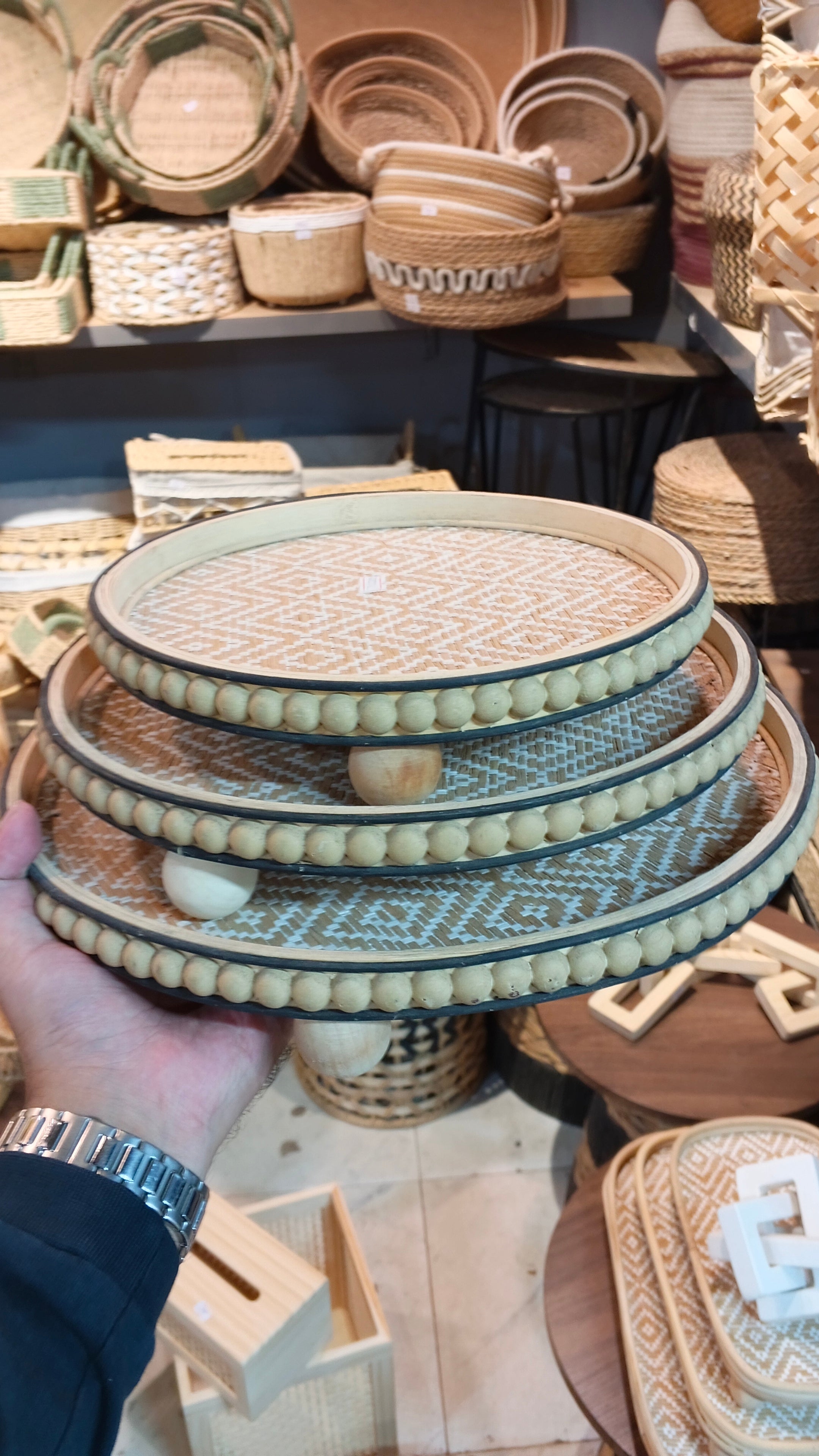 Diyafa Beaded Round Rattan Tray Set (Set of 3)
