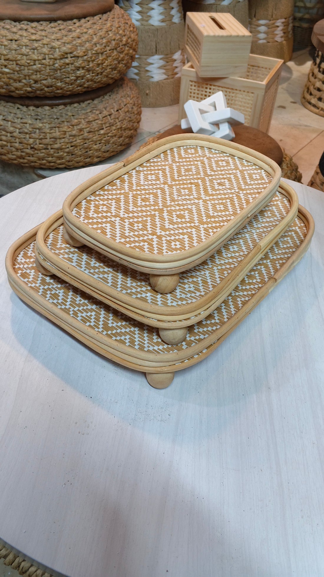 Diyafa Handcrafted Footed Rattan Tray Set (Set of 3)