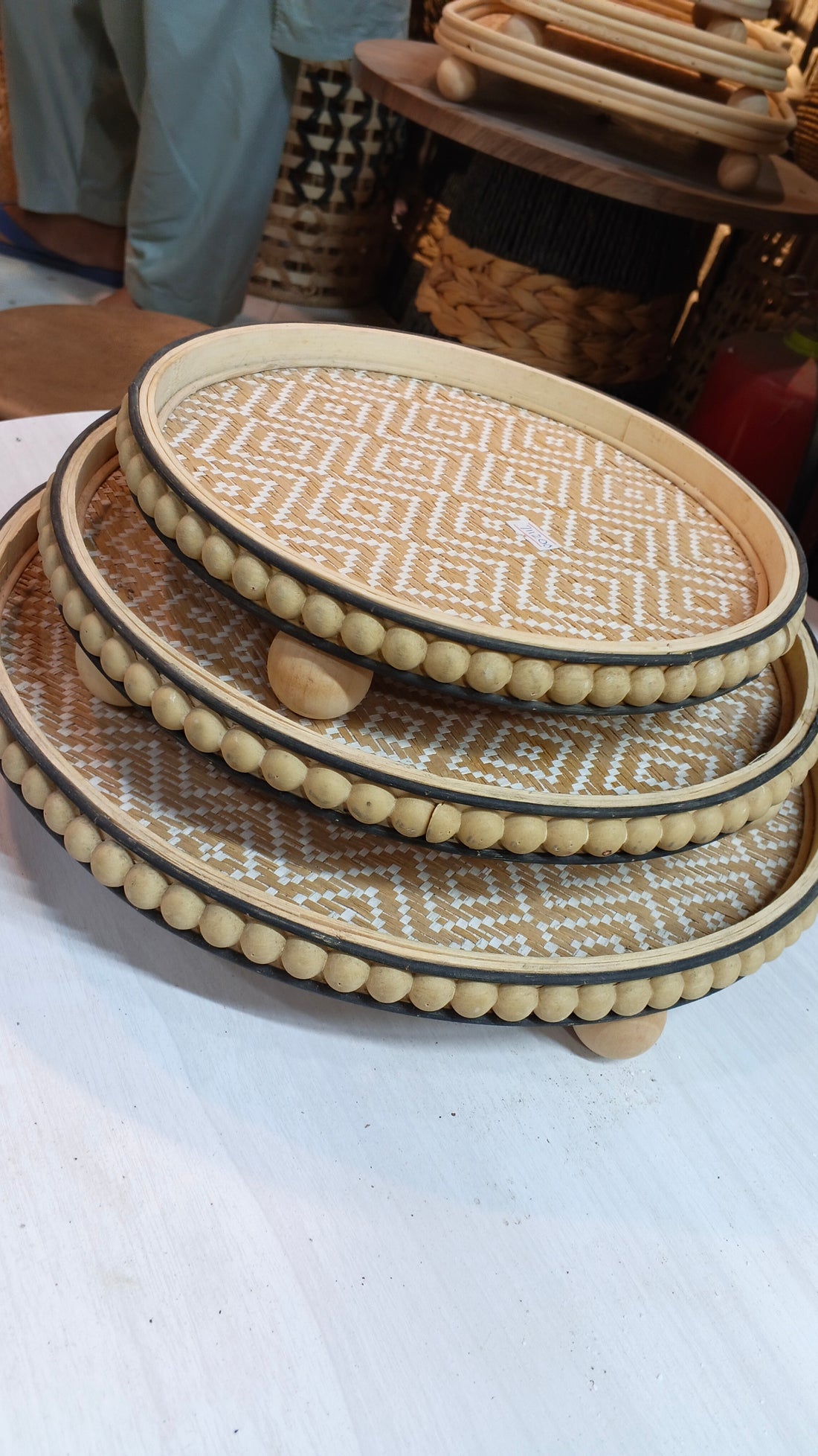 Diyafa Beaded Round Rattan Tray Set (Set of 3)