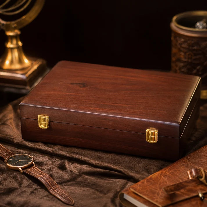 Rosewood watch box holding a watch collection