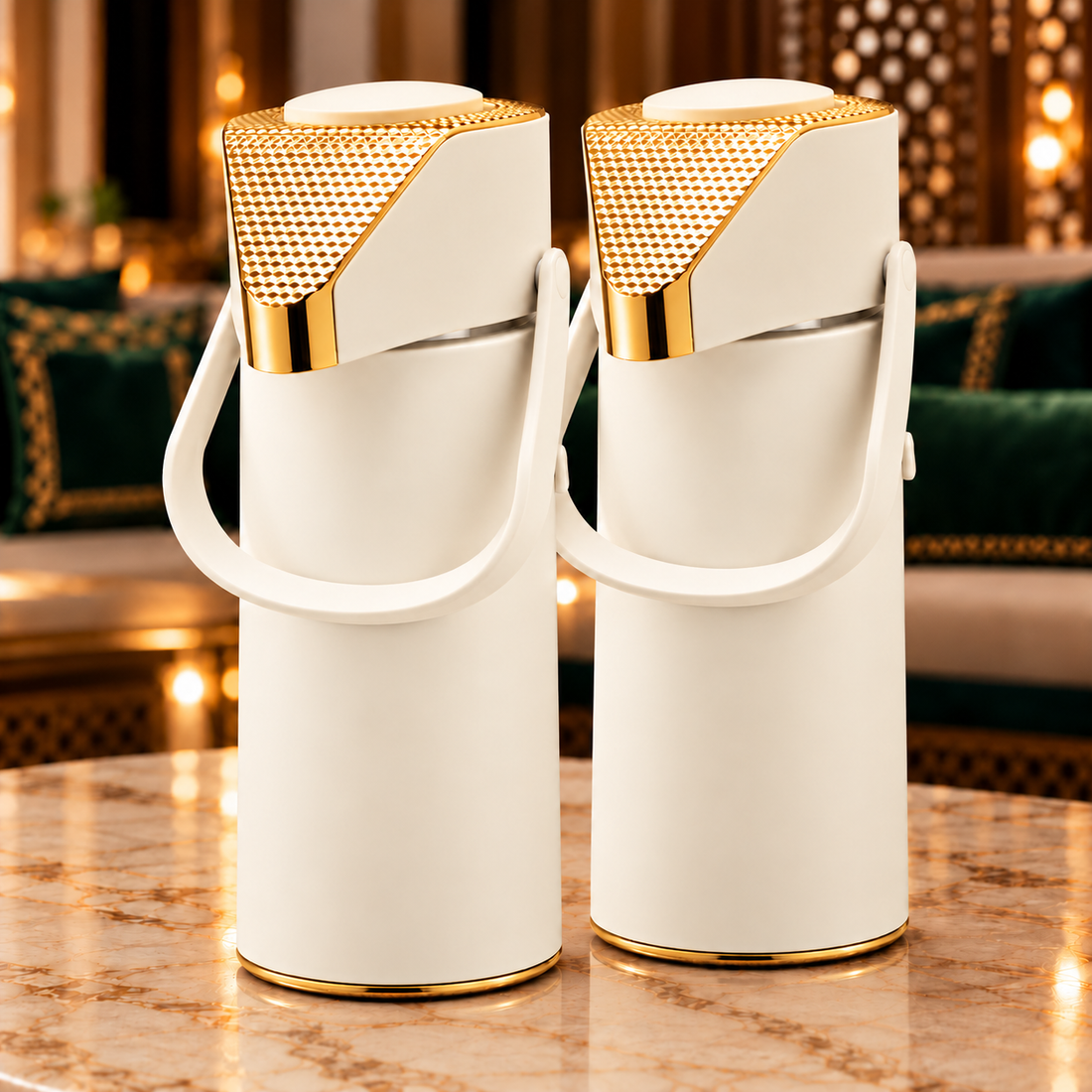 Rafeeva push-top kahwa and tea thermos set, white and gold, 2 pieces 1L each