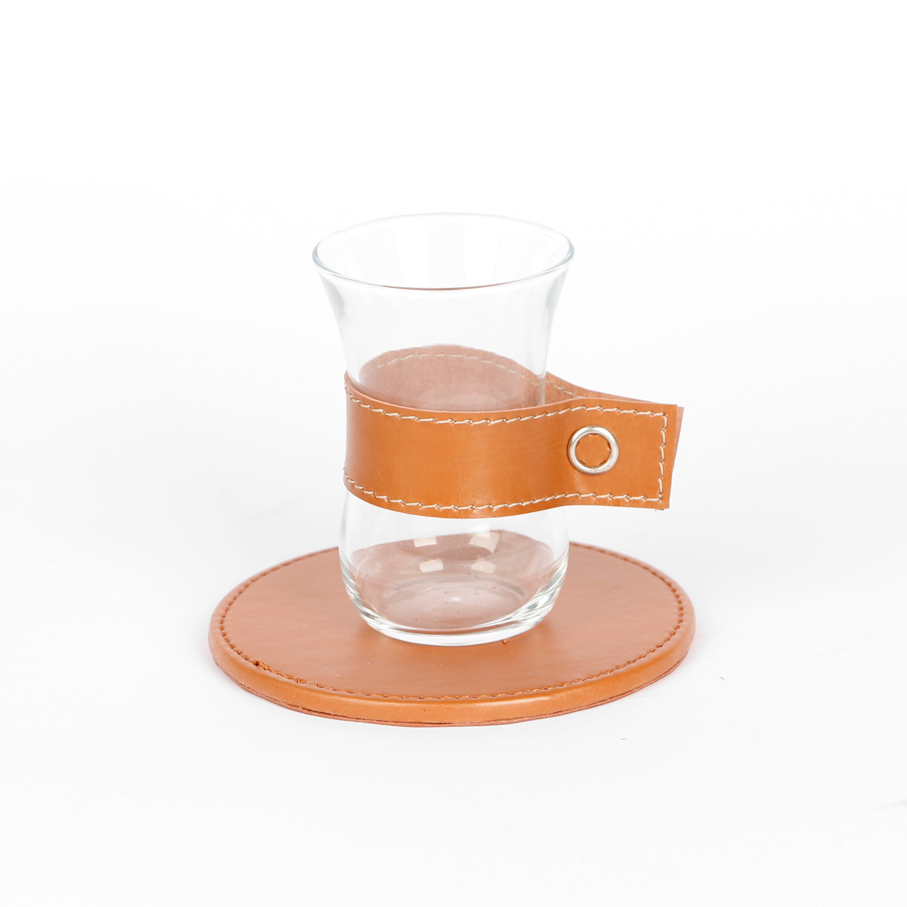 Glass tea cup with leather band and coaster from the Rafeeva double decker set