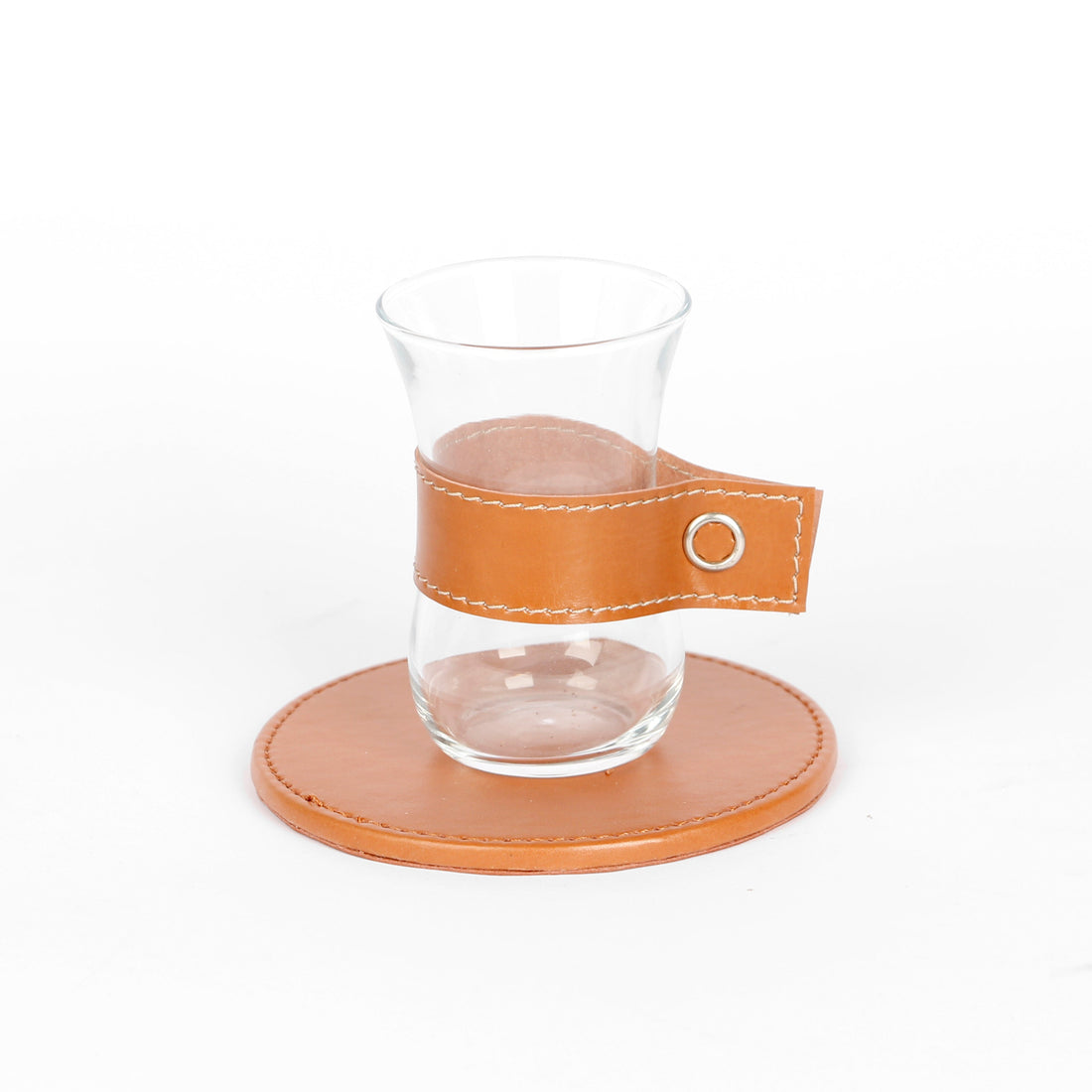 Glass tea cup with leather band and coaster from the Rafeeva double decker set