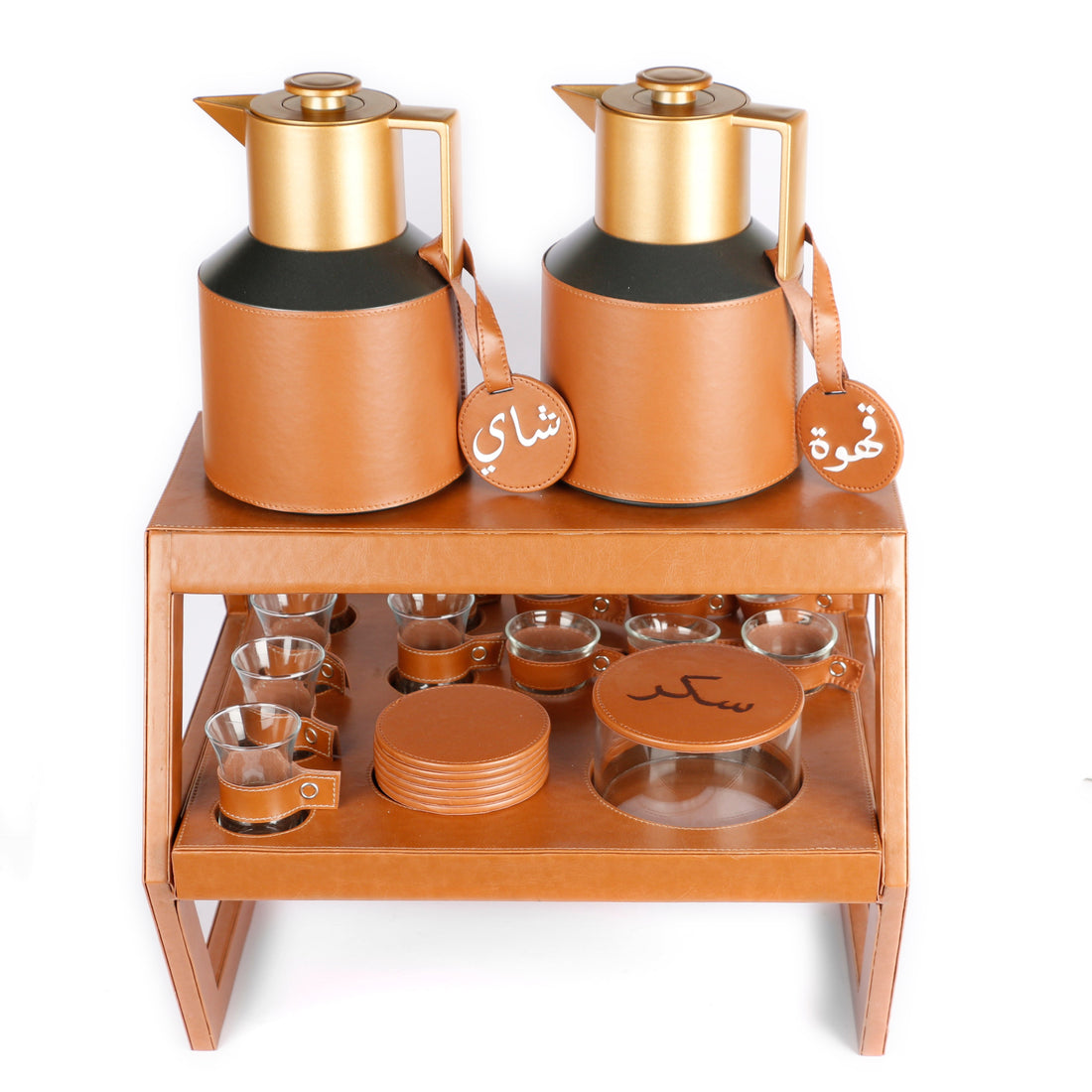 Rafeeva double decker leather tea and coffee set, 2 thermos flasks and 12 cups, brown