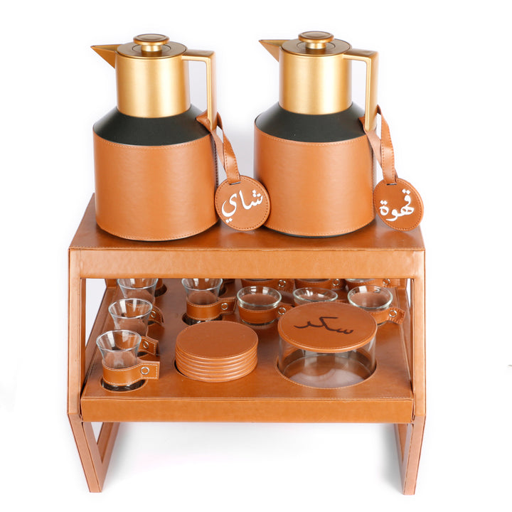 Rafeeva double decker leather tea and coffee set, 2 thermos flasks and 12 cups, brown