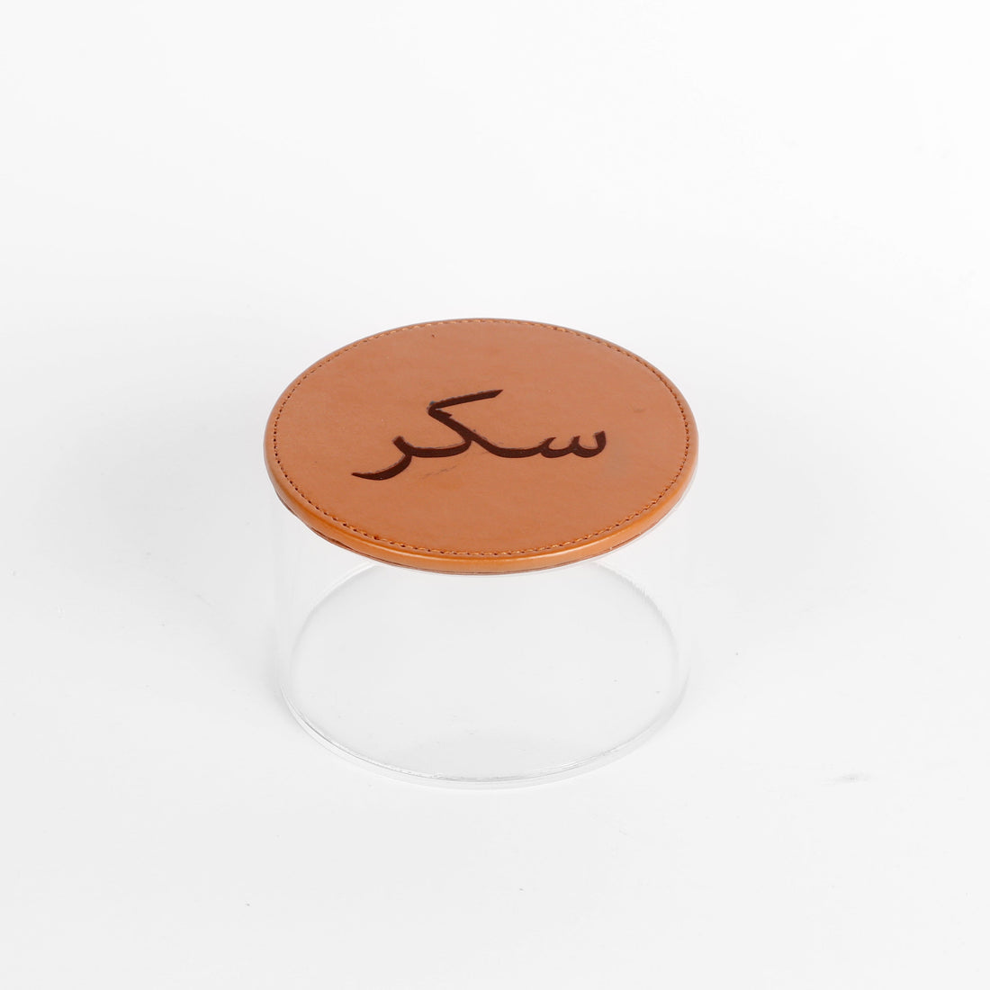 Round acrylic sugar box with leather cover from the Rafeeva double decker set