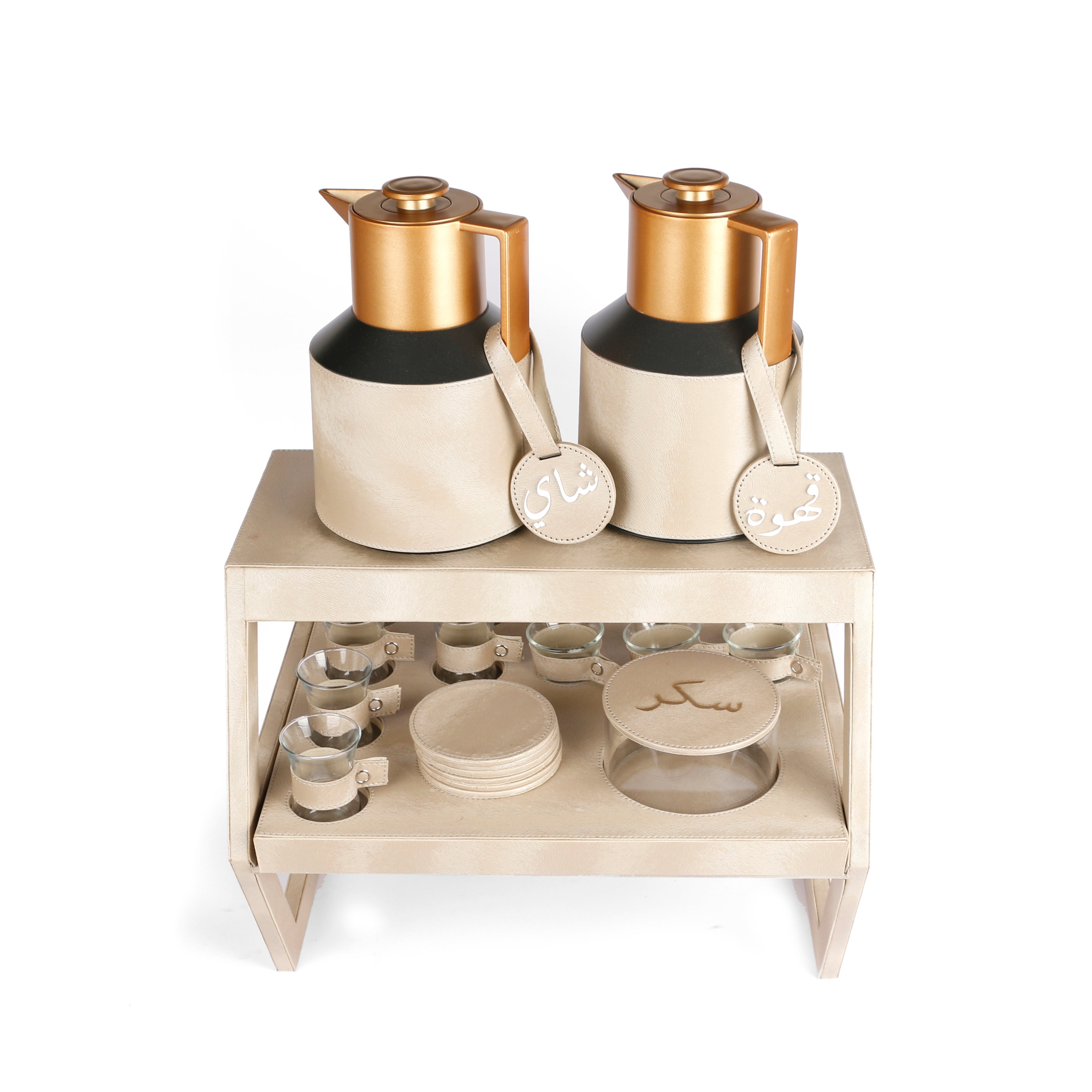 Rafeeva double decker leather tea and coffee set, 2 thermos flasks and 12 cups, beige