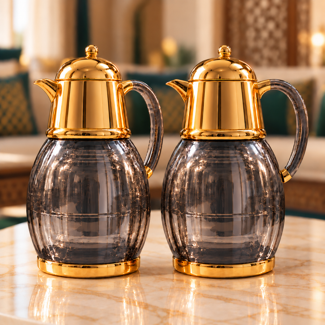 Rafeeva tinted glass-look kahwa and tea thermos set, grey smoke, gold dome lid, 2 pieces 1L each