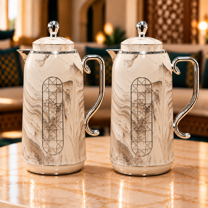 Kahwa & Tea Thermos Set – Marble Pattern with Silver Panel, 2 Pieces 1L Each, Silver Lid