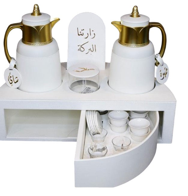 Rafeeva rotary leather tea and coffee set, white, drawer open