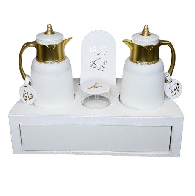 Rafeeva rotary leather tea and coffee set, white, front view