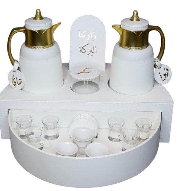 Rafeeva rotary leather tea and coffee set, 2 thermos flasks and 12 cups, white