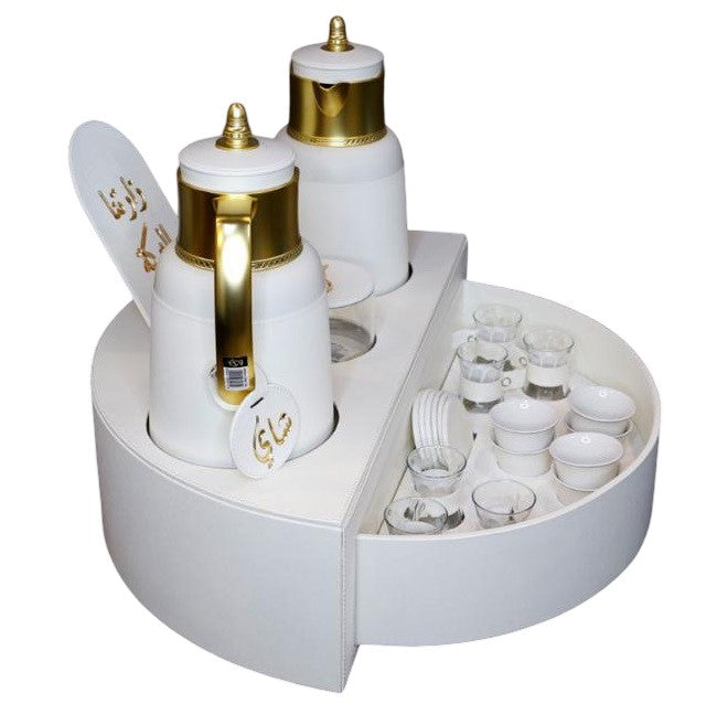 Rafeeva rotary leather tea and coffee set, white, rotary stand open