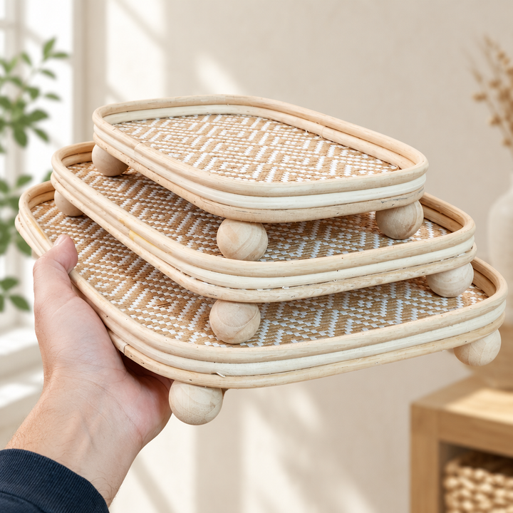 Diyafa Handcrafted Footed Rattan Tray Set (Set of 3)