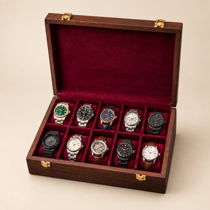 Rosewood watch box for 10 watches on a studio background