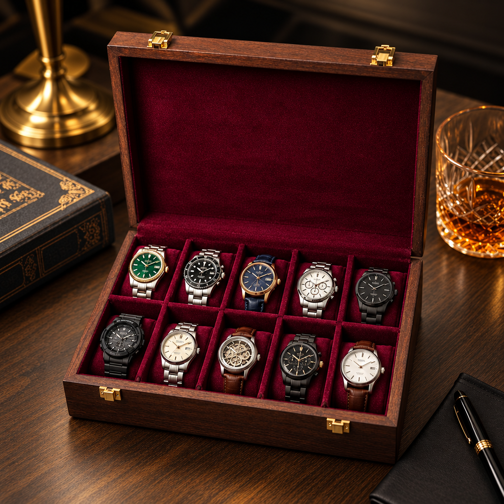 Rosewood watch box with 10 slots, lid open showing cushioned watch pillows