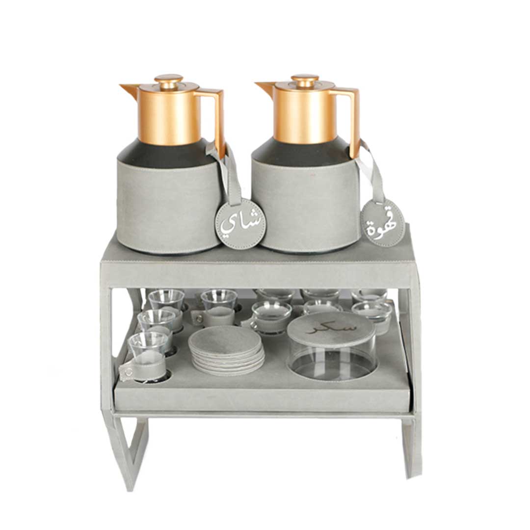 Rafeeva double decker leather tea and coffee set, 2 thermos flasks and 12 cups, grey
