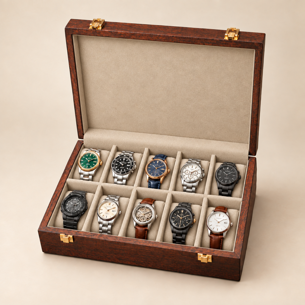 Rosewood watch box with beige interior lining