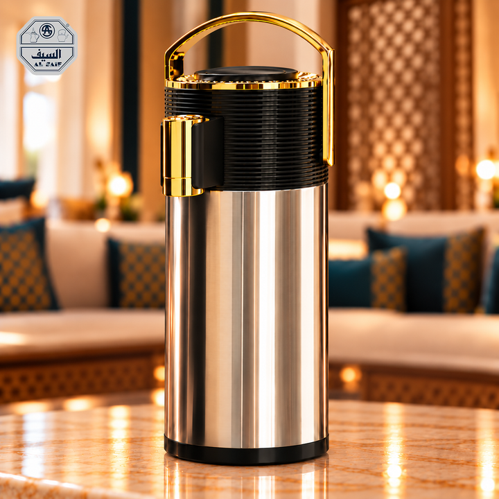 Rafeeva original Al Saif Riva pump thermos, black and gold, single 2L