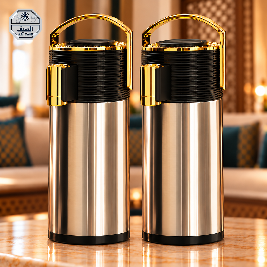 Rafeeva original Al Saif Riva pump thermos, black and gold, pack of 2, 2L each