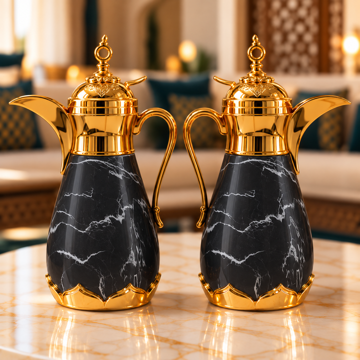 Rafeeva dallah thermos pack of 2, 0.35L each, black marble, gold dome lid