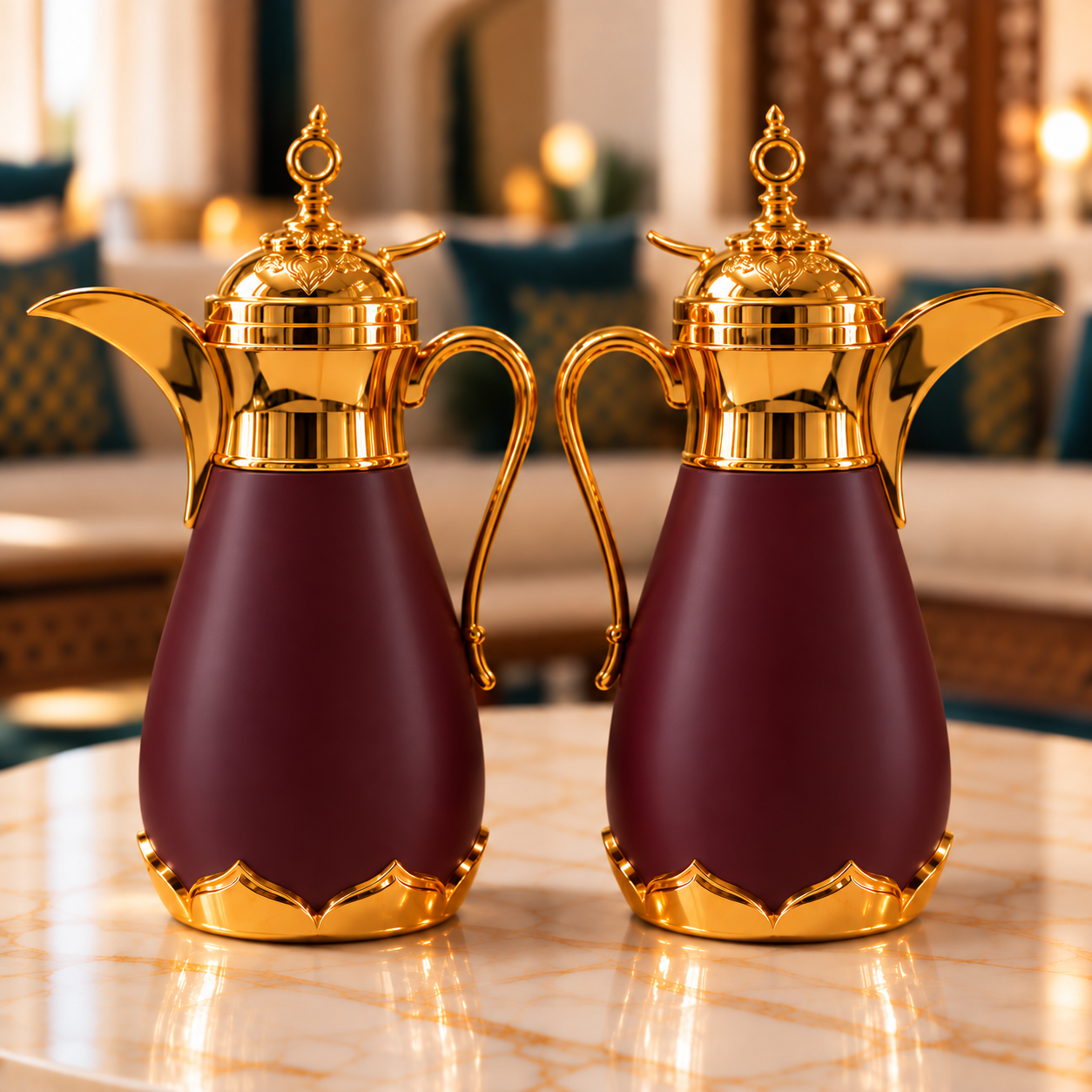 Rafeeva dallah thermos pack of 2, 0.35L each, burgundy, gold dome lid