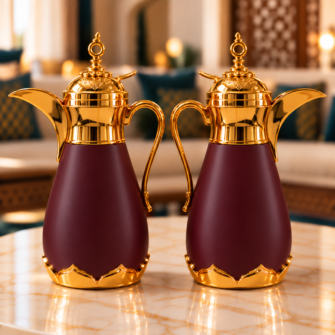 Rafeeva dallah thermos pack of 2, 0.35L each, burgundy, gold dome lid