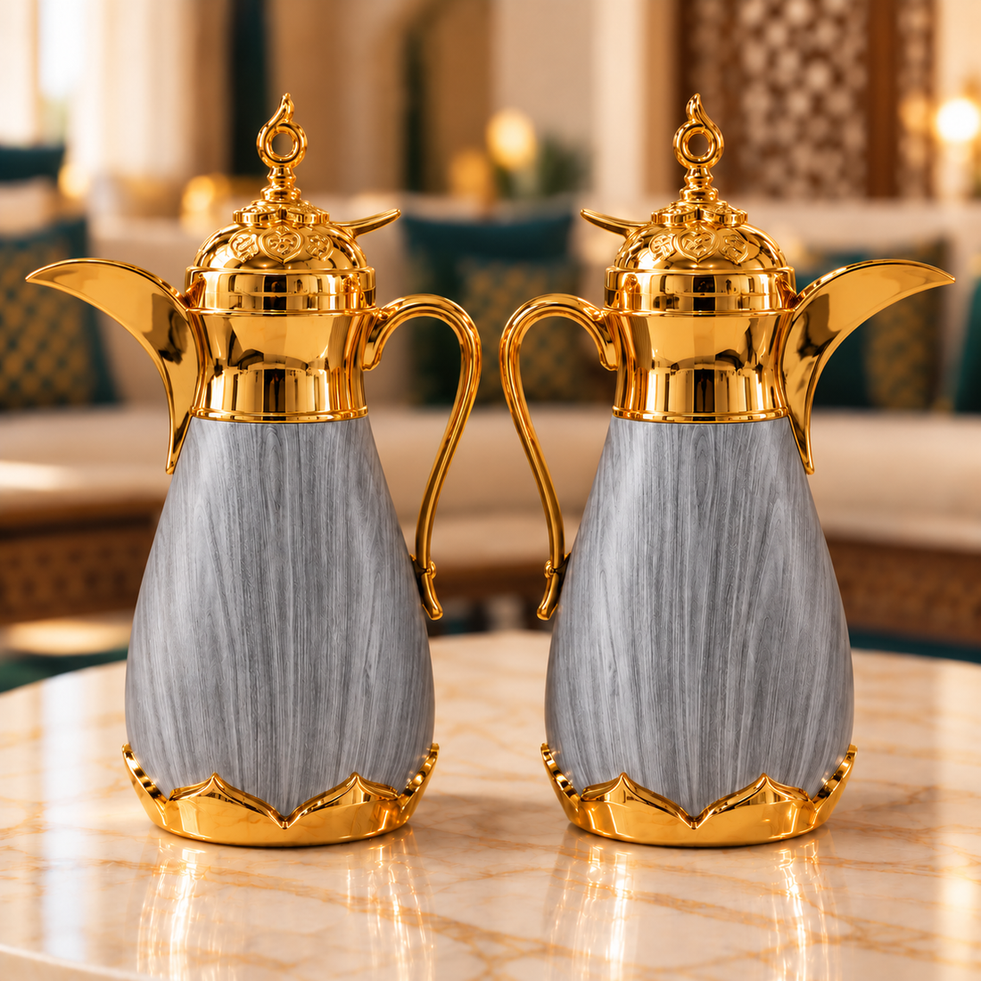 Rafeeva dallah thermos pack of 2, 0.35L each, grey wood-grain, gold dome lid