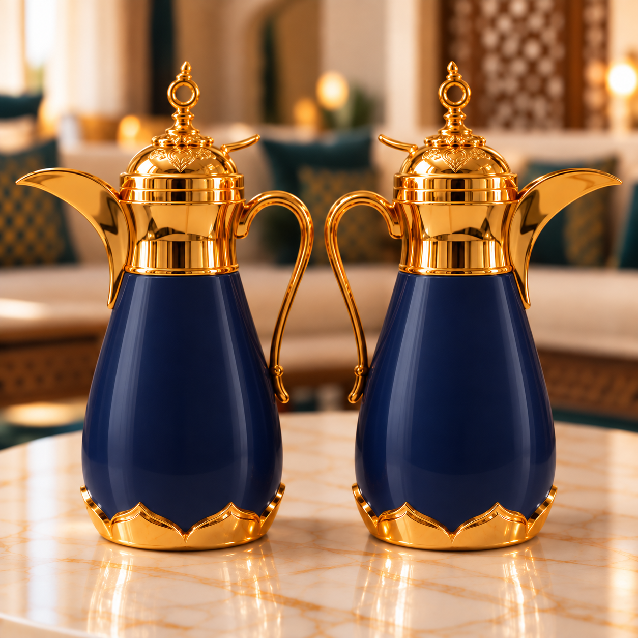 Rafeeva dallah thermos pack of 2, 0.35L each, navy, gold dome lid
