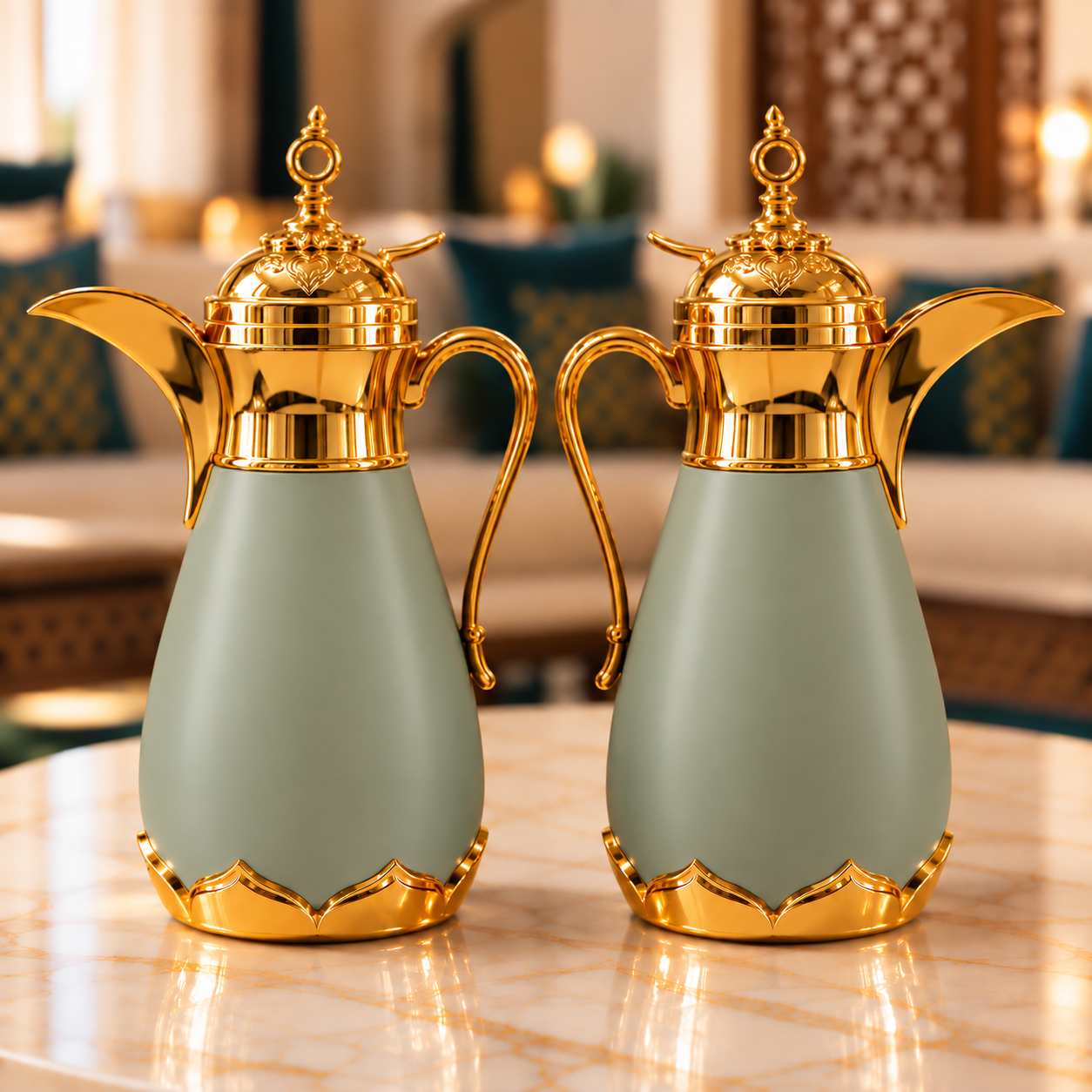 Rafeeva dallah thermos pack of 2, 0.35L each, sage green, gold dome lid