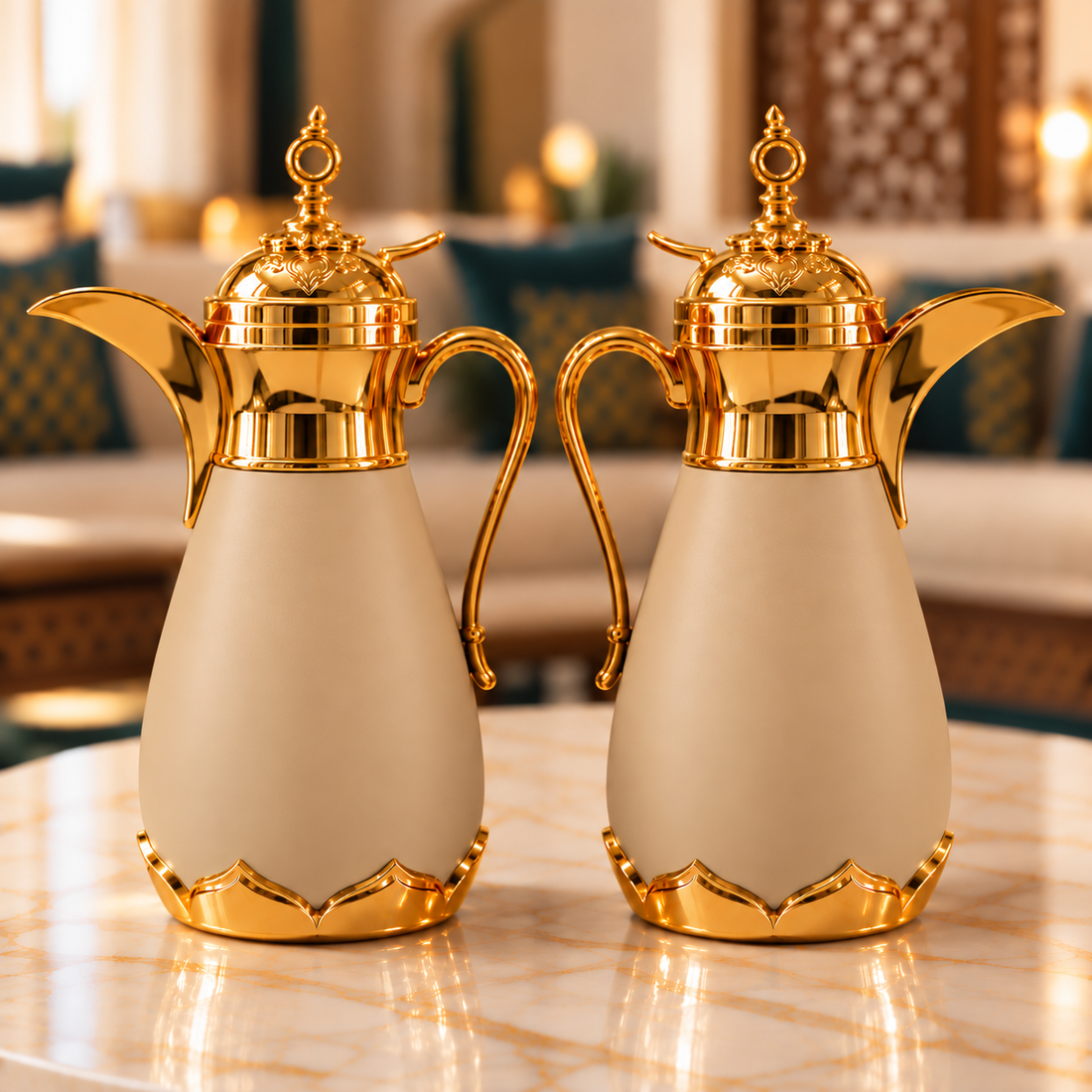 Rafeeva dallah thermos pack of 2, 0.35L each, sand, gold dome lid