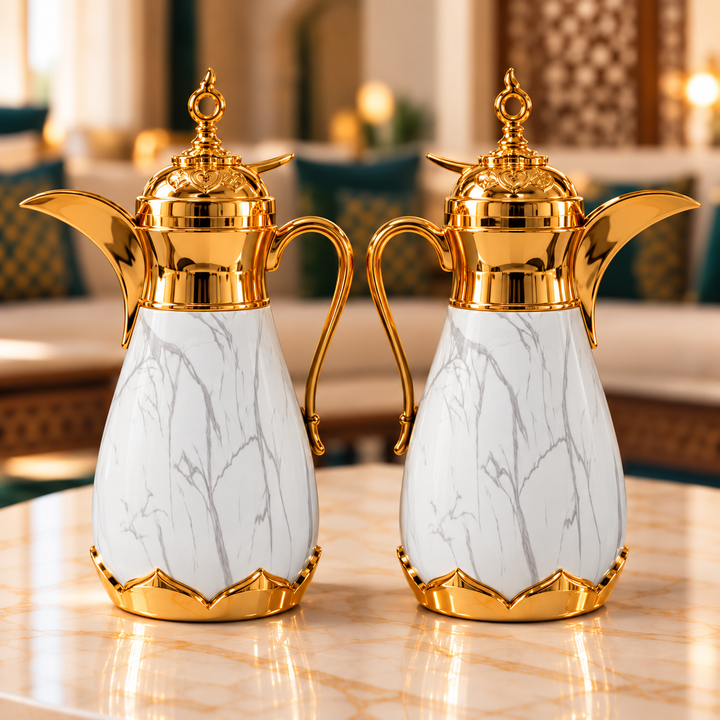 Rafeeva dallah thermos pack of 2, 0.35L each, white marble, gold dome lid